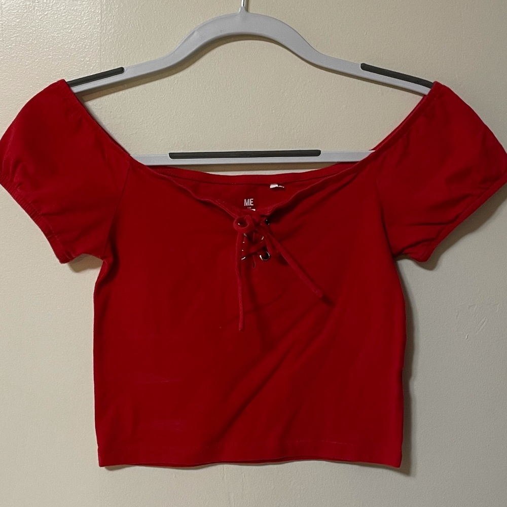 Me to We slightly off the shoulder red crop top
